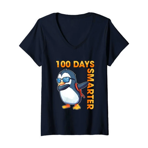 Happy 100th Day of School Gift Womens Cute 100 Days Smarter Funny Dabbing Penguin Happy 100th Day V-Neck T-Shirt