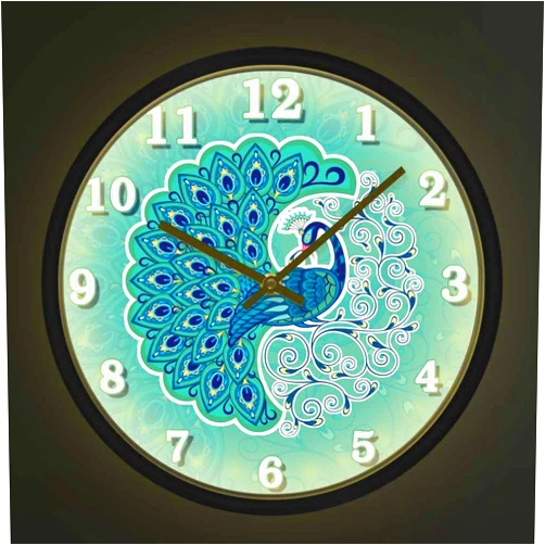 Geek Alerts Sound Control LED Lighting Peacock Fantasy Bird Wall Clock Modern Design Animal Home Artwork Decor Silent Movement Watch Peacock Feather Living Room Decor