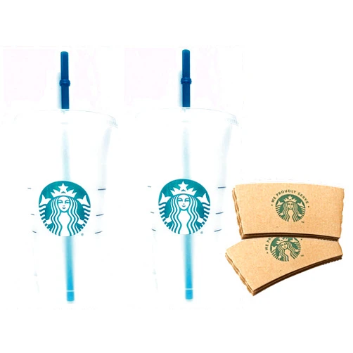 Starbucks Reusable 24 fl oz Frosted Ice Cold Drink Cup Bundle Set with Sleeves