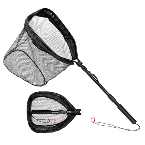 RHINR Rubber Coated Foldable Floating Fishing Net for Steelhead, Salmon, Catfish, Bass, Fly, Kayak, Easy Catch & Release with Telescopic Pole and Spring Shackle