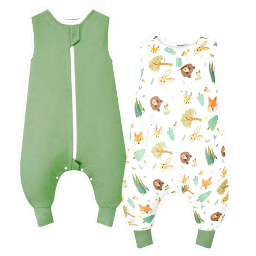 WYTbaby 2 Pack Toddler Sleep Sack with Feet 1.0 Tog 2t-3t, 100% Cotton Sleeveless Toddler Wearable Blanket Baby Sleeping Bag, Forest Animals + Light Green