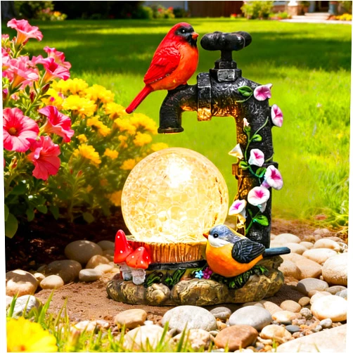 TERESA'S COLLECTIONS Garden Decor, Cardinal Garden Decor, Cute Cardinal and Faucet and Solar Light Glass Ball, Waterproof Resin Garden Statues, Birds Decor Gifts, Birthday Gifts for Women Mom, 6