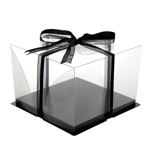 Restaurantware Sweet Vision 10 Inch x 6.75 Inch Transparent Cake Boxes 10 Grease Resistant Base Clear Cake Boxes - Black Ribbon Disposable Plastic Birthday Cake Boxes For Weddings Or Birthdays