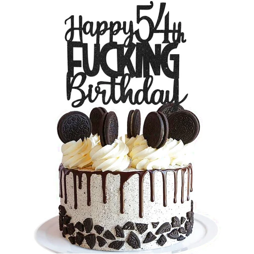 Caiwowo Happy 54th Fuxking Birthday Cake Topper - Funny Black Glitter 54 & Fabulous Party Supplies - Cheers to 54 Years Party Cake Decoration
