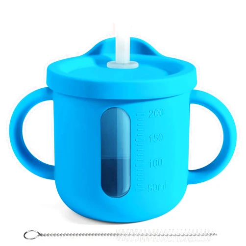 Palmatte Baby Toddler Cups with Straw for Infants 6 Months+, 200ml Perspective Silicone Training Cup with Lid Handle Marks, Open Sippy Cup Baby Led Weaning Supplies Baby Shower Gifts (Blue)
