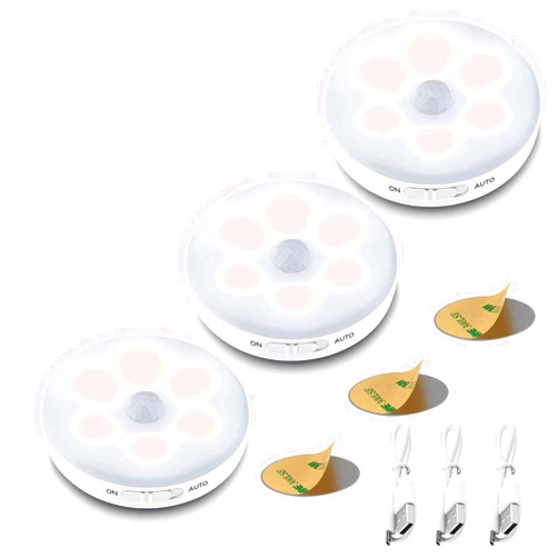 ICEKO KN 3-Packs Motion Sensor Light Indoor,Rechargeable Battery Powered LED Closet Lights Puck Lights Step Lights with 3M Adhesive,Stick on Lights for Under Cabinet,Counter,Hallway,Stairs(Pure-White)