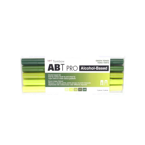Tombow 56971 ABT PRO Alcohol Markers, Green Tones, Set of 5 Colors – Dual Tip, Permanent Art Markers Feature Chisel and Brush Tips Perfect for Coloring, Sketching, and Creating Color Gradients