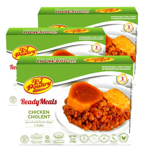 KJ Poultry Kosher Chicken Chulent & Kugel, MRE Meat Meals Ready to Eat, Shabbos Food (3 Pack) Prepared Entree Fully Cooked, Shelf Stable Microwave Dinner - Travel, Military, Camping, Emergency Survival