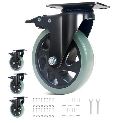 BZOLIHEU 5 Inch Caster Wheels, Casters Set of 4 Heavy Duty, BZOLIHEU Locking Casters, Silent Top Plate Swivel Casters with Brake, Grey Polyurethane Castor Wheels for Furniture and Workbench Cart