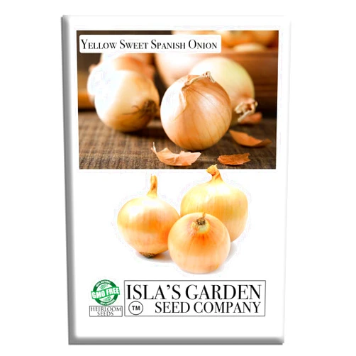 Isla's garden seeds Yellow Sweet Spanish Onion Seeds (Allium cepa) – 750+ Non-GMO Heirloom Seeds by Isla’s Garden Seeds, Mild & Sweet Flavor, Large Golden Bulbs, Excellent for Cooking, Slicing & Storage, Garden Gift Idea