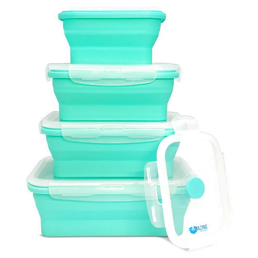 AMAZING CONTAINERS™ Collapsible Silicone Food Storage Container Set of 4 with Lids | Stackable | Microwaveable | Freezer, Dishwasher Safe| BPA Free