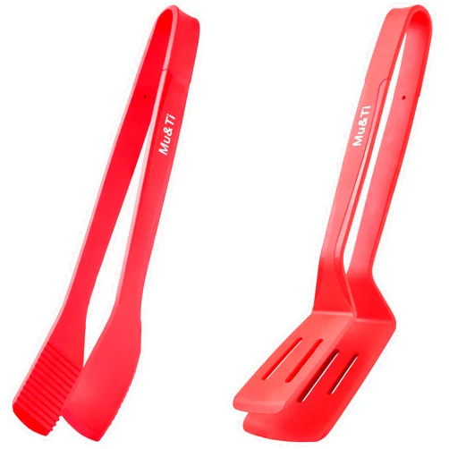 Mu&Ti Silicone Kitchen Tongs 2-in-1 11 Inch Premium Stainless Steel Barbecue Clamp Multipurpose BBQ Clamp Spatula for Gripper Bread Clip/Fried Steak Clamp/Flipping Fish/Beefsteak Turner Flipper Two Set(Red)