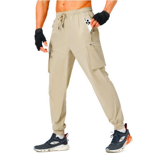 S Spowind Men's Hiking Pants Cargo Lightweight Quick Dry Elastic Waist Golf Joggers with Zipper Pockets Water Resistant