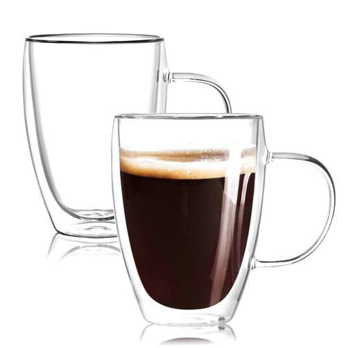 Wells 12 Oz Double Walled Glass Coffee Mugs with Handle, Insulated Layer Coffee Cups, Clear Borosilicate Glass Mugs - Gift for Cappuccino,Tea,Latte,Espresso,Hot Beverage,Cold Drinks, Set of 2