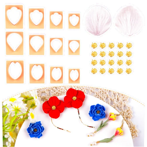 Puocaon Petal Polymer Clay Cutters - 12 Pcs Petal Clay Cutters for Polymer Clay Jewelry, 20 Pcs Flower Pistil Brass Charms 2 Petal Texture Clay Molds for Polymer Clay Jewelry, Flower Earrings Making