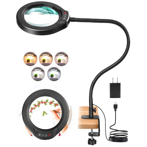 IVMAIE 10X Magnifying Glass with Light and Clamp, 5 Inch Real Glass Magnifying Desk Lamp with Stand, Long Gooseneck, 5 Color Modes Lighted Magnifier Hands Free for Crafts Painting Jewelry Close Work