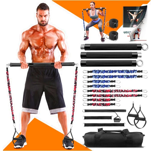 DASKING Portable Home Gym Resistance Band Bar Set with 8 Anti-Break Stackable Resistance Bands,Detachable 500LBS 2 in 1 Pilates Bar with Bands,Full Body Workout Equipment Exercise Bar Set