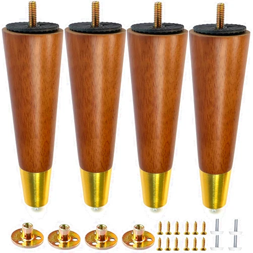 Yummy love Sofa Legs Hard Wood Furniture Legs 8 inch Chair Legs Pack of 4,Couch Walnut Color Legs Mid Century Style with Golden Metal caps,Sofa Replacement Parts,for Dresser Legs,Couch Legs,Cabinet