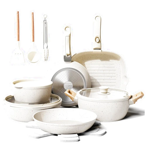 Bazova 19 Pcs Pots and Pans Set Non Stick Ceramic Cookware Set with Removable Handles, Non Toxic Induction Kitchen Cookware Sets RV Cookware,Dishwasher/Oven Safe PFAS/PTFE/PFOA Free Cream White