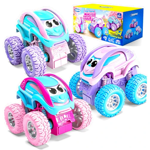 Vroomix Jova 3 Pack Monster Truck Toys, Friction Powered Pull Back Car Toys with Crash, Flip & Bouncing for Toddlers Girls Age 18 Month and Up, Toddler Girl Toys Birthday Gifts