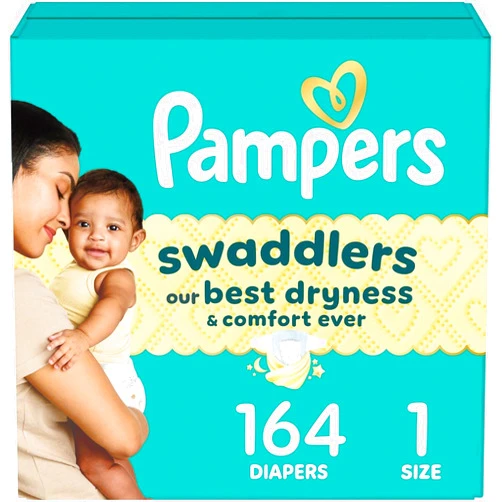 Pampers Swaddlers Diapers, Size 1 (8-14 lbs), 164 Count, Hypoallergenic, Absorbent, Keeps Baby Dry and Comfortable, Skin Safe Disposable Newborn Baby Diaper