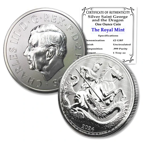 MINT STATE GOLD 2024-1 oz Great Britain Silver Saint George and the Dragon Coin Brilliant Uncirculated with Certificate of Authenticity £2 Seller BU