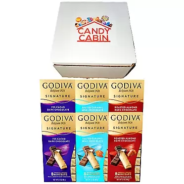 CANDY CABIN GODIVA Chocolatier Signature Mini Bars, Set of 6, 8pc Each, Variety Pack- (Roasted Almond Dark Chocolate, 72% Cacao Dark,Salted Caramel Milk Chocolate) By CANDY CABIN