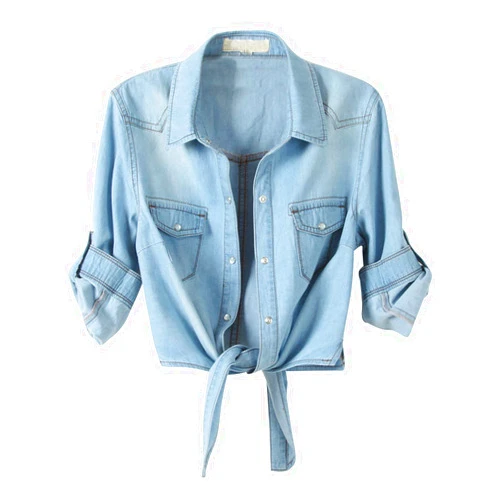 Omoone Women's 3/4 Sleeve Denim Crop Top Tie Knot Shirt Cardigan