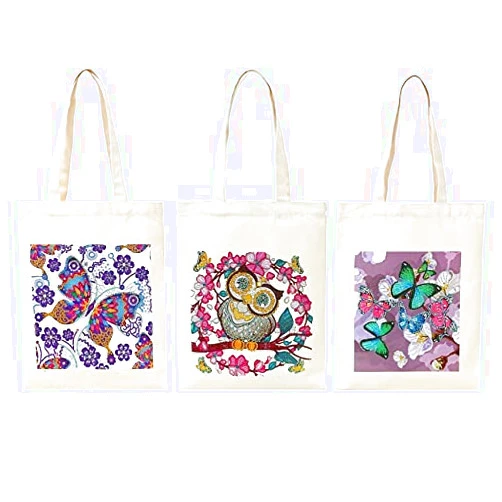 Mosaic Art 3 Packs 5D Diamond Painting Handbag Kits Butterfly Owl Shopping Storage Tote Bags with Handle Special Shaped Crystal Gems Art Cotton Canvas Bag for Woman Home Organizer Craft 11x14inch