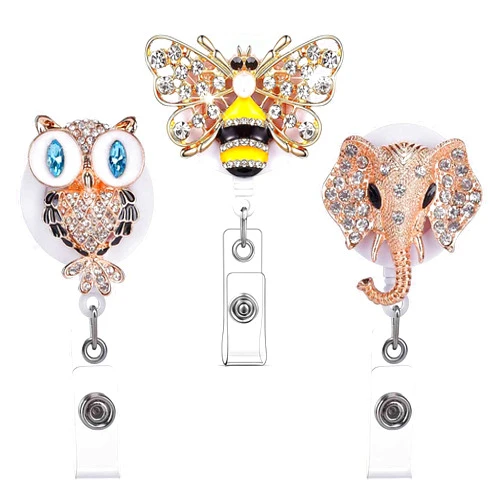 Vuwuma AHSONLUF 3 Pieces Rhinestone Retractable Badge Reel Bling,Owl Bee Elephant Bling Diamond Holder with Alligator Clip,Cute Animal Name ID Clip for Nurse,Doctor,Teacher,Office Staff