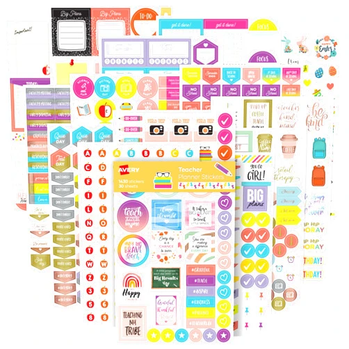 Avery Teacher Planner Stickers Pack, 30 Sheets of Teacher Planner Stickers, Set of 1,430 Stickers for Your Planner, Journal or Calendar (6781)
