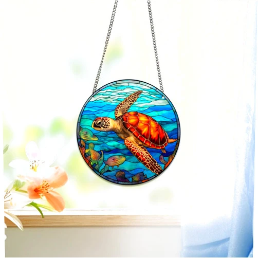 HOTIYOK Sea Turtles Acrylic Window Hangings Ocean Animals Stained Window & Wall Decor with Chain, Ideal Housewarming Gift, Home Decor for Mom Grandma Wife Teacher Marine Lover