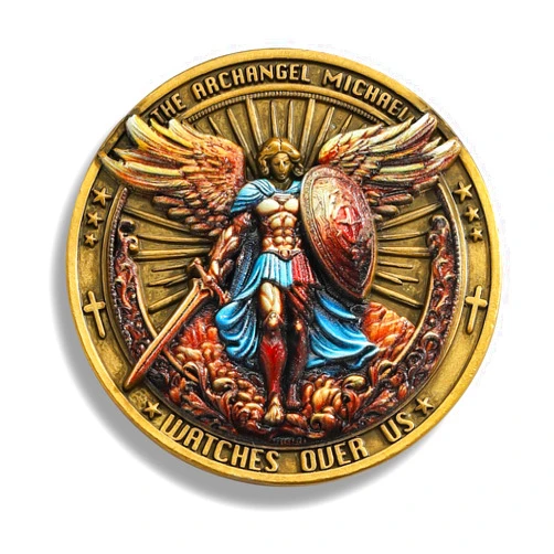 Meliatomia St Michael the Archangel Watches Over Us Token with Psalm 91:10-11 Bible Verse, Zinc Alloy Saint Michael Coin, Religious Gifts for Protection & Faith - Easter Gifts for Catholic Men (1pc Colored)
