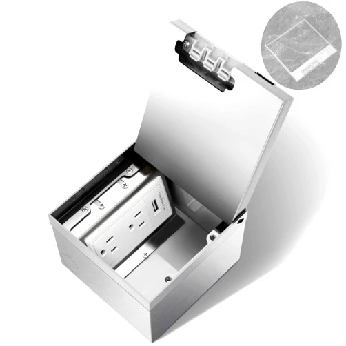 Vagueior Recessed Floor Electrical Outlet Kit,Hidden Duplex 15A Tamper-Resistant Receptacle Outlet and 2.1A USB Port，Waterproof Electrical Outlet Covcer Box,Silver