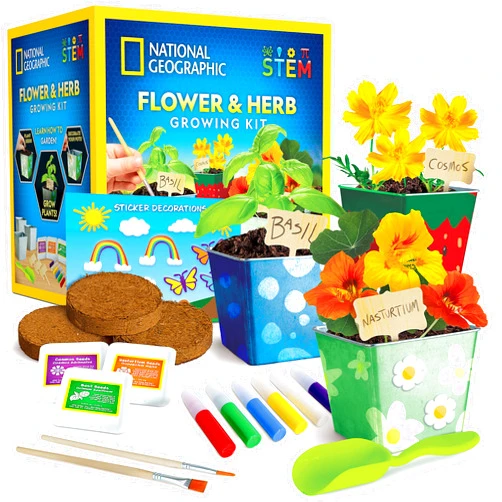 Blue Marble National Geographic Flower & Herb Gardening Kit for Kids - Gardening Set with 3 Stainless Steel Pots, Paint & Stickers, Outdoor Toys, Craft Kits, Kids Plant Growing Kit, Easter Basket Stuffers