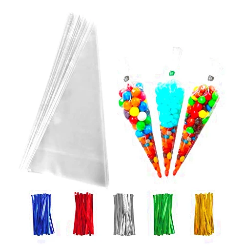 XIPEGPA Clear Cellophane Cone Treat Bags Plastic Cone Bags Triangle Bags with 200 PCS Twist Ties 5 Mix Colors for Favor Candy Popcorn Handmade Cookies