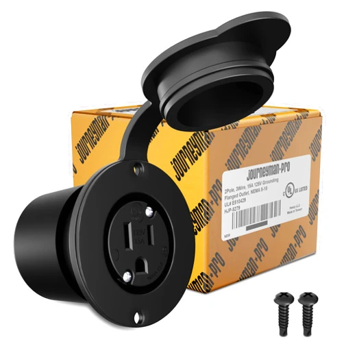 Journeyman-Pro 5279 15 Amp 120-125 Volt, NEMA 5-15 Flanged Outlet, Black Commercial Grade, 2 Pole-3 Wire, Straight Blade Plug Charger Receptacle (w/ Front & Back Covers)