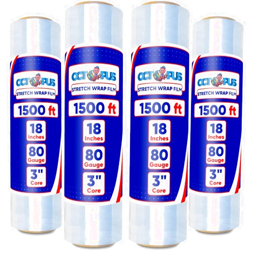 OCTOPUS Stretch Wrap, Industrial Strength 4 Roll Clear, 18” x 1500 feet, 80 Gauge (20 Micron), Heavy Duty Plastic Shrink Film for Packing, Wrapping, Bundling, Shipping, Pallets, and Moving Essentials