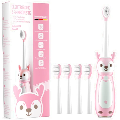 AJELU Kids Sonic Electric Toothbrush for Ages 3+, IPX7 Waterproof, 3 Smart Modes with Memory,Includes 4 Replacement Brush Heads, Pink