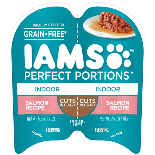 IAMS PERFECT PORTIONS Indoor Adult Grain Free* Wet Cat Food Cuts in Gravy, Salmon Recipe, (24) 2.6 oz. Easy Peel Twin-Pack Trays