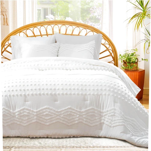 EVERGRACE King Size Comforter Set 7 Pieces Bed in a Bag for College Dorm, White Tufted Shabby Chic Boho Comforter and Sheet Set with Pom Pom Textured, Soft Fluffy Farmhouse Complete Bedding Set