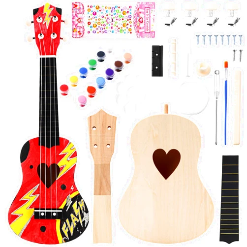 Boao DIY Guitar Kit 21 Inch Make Your Own Ukulele DIY Kit with Installation Tools Soprano Guitar Build Kit Unfinished Guitar Handwork Kit Wooden Ukulele Crafts for Amateur Beginner Little Ones (Heart)