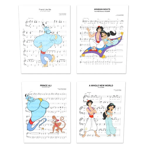 Picture This Prints Aladdin Song Photos, Set of 4, 8x10 Inch - Magic Carpet Aladdin, Aladdin and Jasmine, Music Sheet Poster Prints, Unframed, Princess Jasmine Genie Abu