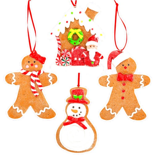 NorthPoleXpress Gingerbread Christmas Ornaments - Man Boy Girl Gingerbread House Snowman Cookie Rustic Christmas Decorations Set of 4 - Claydough Christmas Tree Decorations - Christmas Tree Ornaments with Gift Box