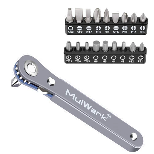 MULWARK 20pc 1/4 Ultra Low Profile Mini Ratchet Wrench Close Quarters Screwdriver Set with High Torque - Right Angle EDC Tool with 90 Degree Mini Offset Reversible Drive Handle & Multi Hex Bits Set