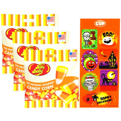 By The Cup Jelly Belly Fall Flavors, Candy Corn, 3 oz Grab & Go Bags (Pack of 3) with By The Cup Halloween Stickers