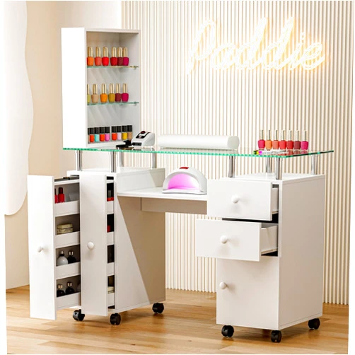 Paddie Manicure Table, Glass Top Nail Tech Table Nail Desk Station for Nail Tech w/Shelves, Wrist Cushion, Lockable Wheels, Storage Drawers, Ceramic Handles(White)