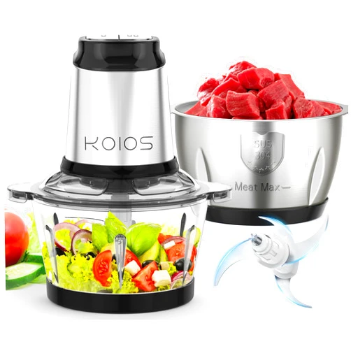 KOIOS 500W Powerful Electric Food Processor with 8 Cup Stainless Steel & Glass Bowls, 2 Speed Mode Electric Food Chopper with 2 Sets Blades Electric Meat Grinder Chopper for Family & Baby Use, Black