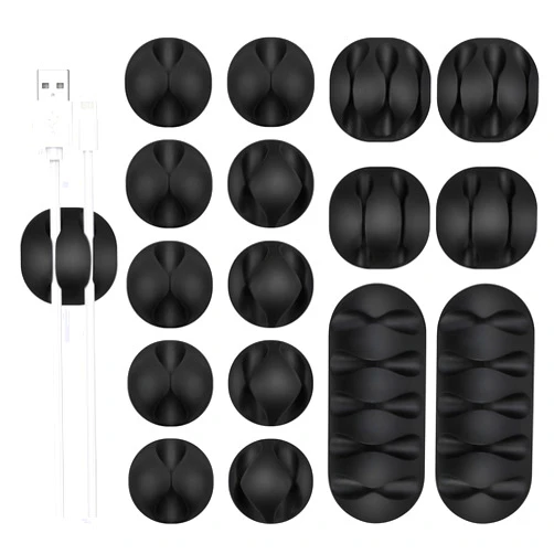 FlyCoco 16 Pack Adhesive Cord Holders for Cables, FlyCoco Phone Cord Holder for Desk and Nightstand Organizer, Black Cable Clips Charger Cord Holder Wire Management for Office Home and Car