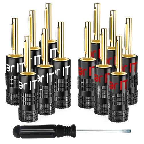 GearIT Banana Plugs for Speaker Wire (6 Pairs, 12 Pieces), Pin Plug Closed Screw Type, 24K Gold Plated Connectors, Banana Pins (Support 12 AWG to 20 AWG Wires)